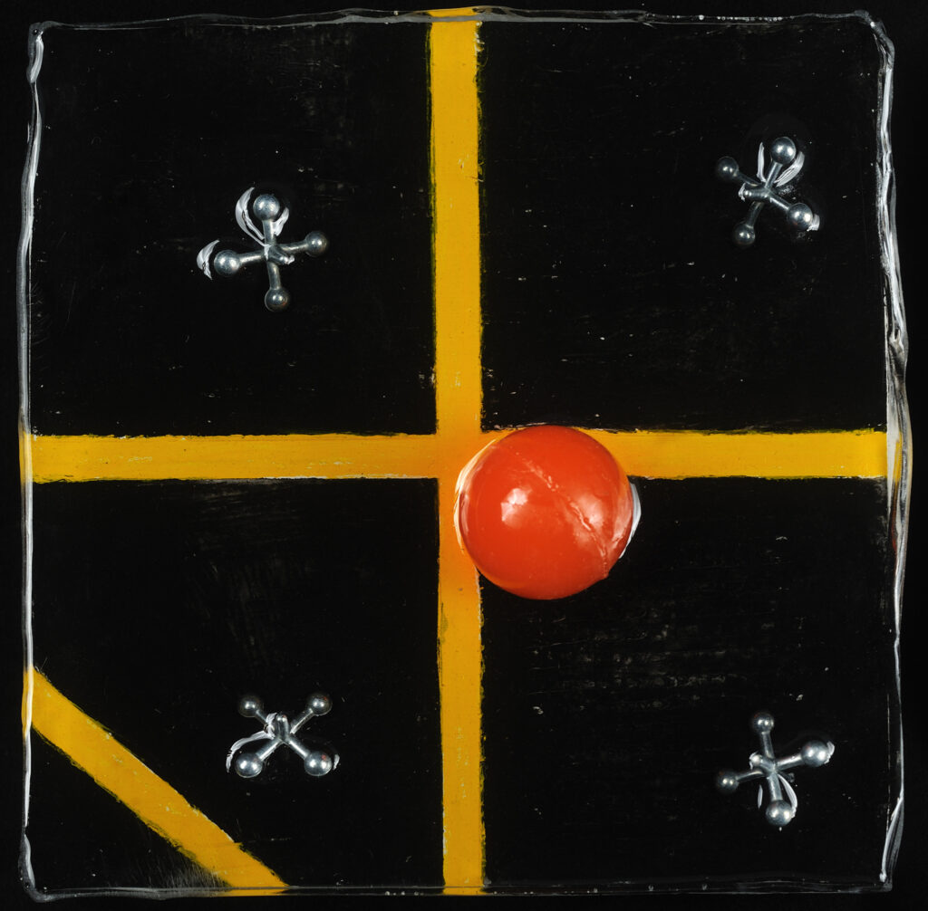 Four Square, 5x5 acrylic, jacks on board under resin, $35