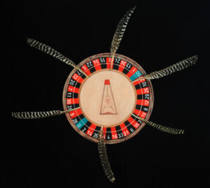 Native Rhythms, 36” diameter round canvas, acrylic and feathers, $425