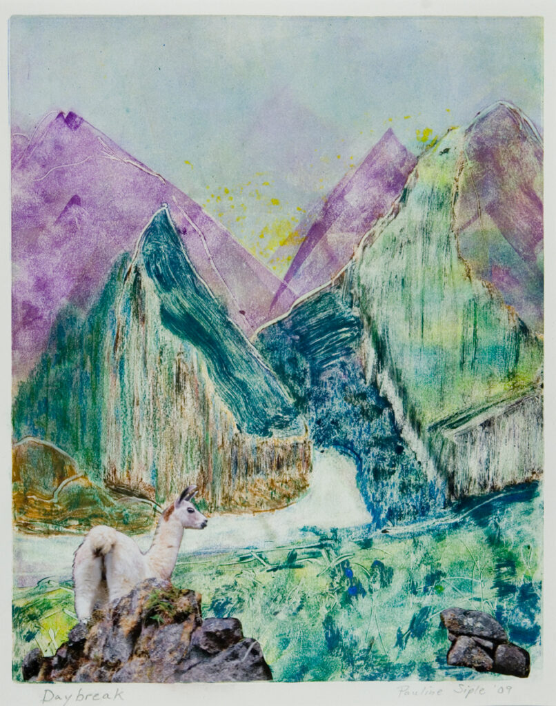 Llama at Daybreak, 12x9, matted 18x21 monotype, $110