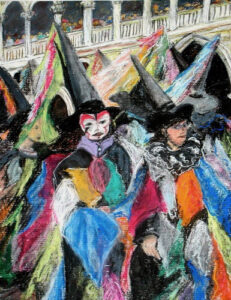 Venice Carnival, pastel on paper framed, 31 x 24, $295.