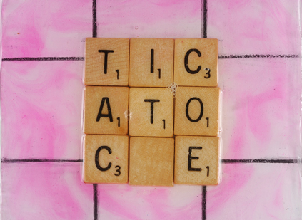 Tic Tac Toe, 5x 5, acrylic, Scrabble pieces on wood under resin $35