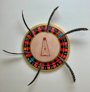 Native Rhythms, 30” round, acrylic on canvas, feathers, $975